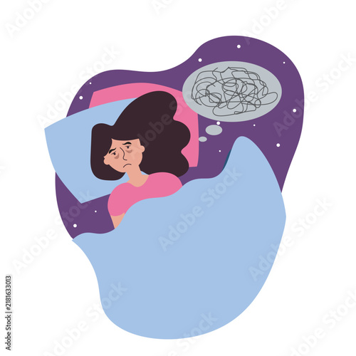 Woman lies in bed and cannot fall asleep, depression, insomnia