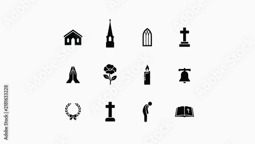 Картината върху платно Black and white icons of religious and spiritual symbols arranged in clean grid