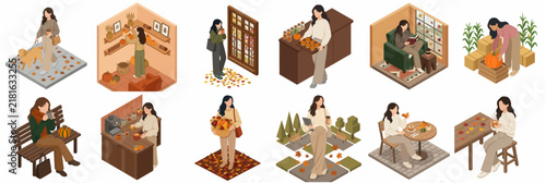 Isometric Autumn Lifestyle Vector Set: Woman Enjoying Fall Activities, Drinking Coffee, Reading, Harvesting Pumpkins, and Walking Dog in Cozy Warm Tones