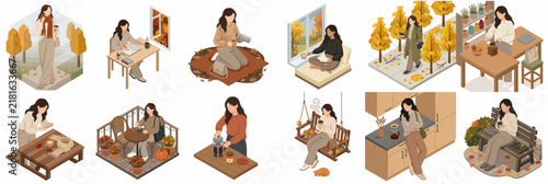 Set of isometric illustrations of a young woman enjoying various autumn activities including drinking coffee, reading, and walking in nature during the fall season.