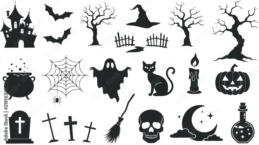 Fototapeta premium Halloween Spooky Silhouette Vector Element Set. a collection of spooky Halloween-themed silhouette vector illustrations. Transparent background. EPS - 10. 