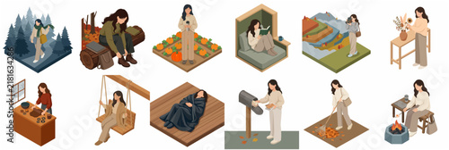 Isometric set of autumn lifestyle illustrations featuring a woman in various seasonal activities.