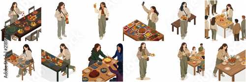 Isometric vector illustration set of people celebrating Thanksgiving and Friendsgiving dinner, preparing food, setting table and dining together