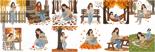 Flat vector illustrations of a young woman enjoying autumn activities like reading, working on a laptop, and journaling outdoors with colorful fall leaves.