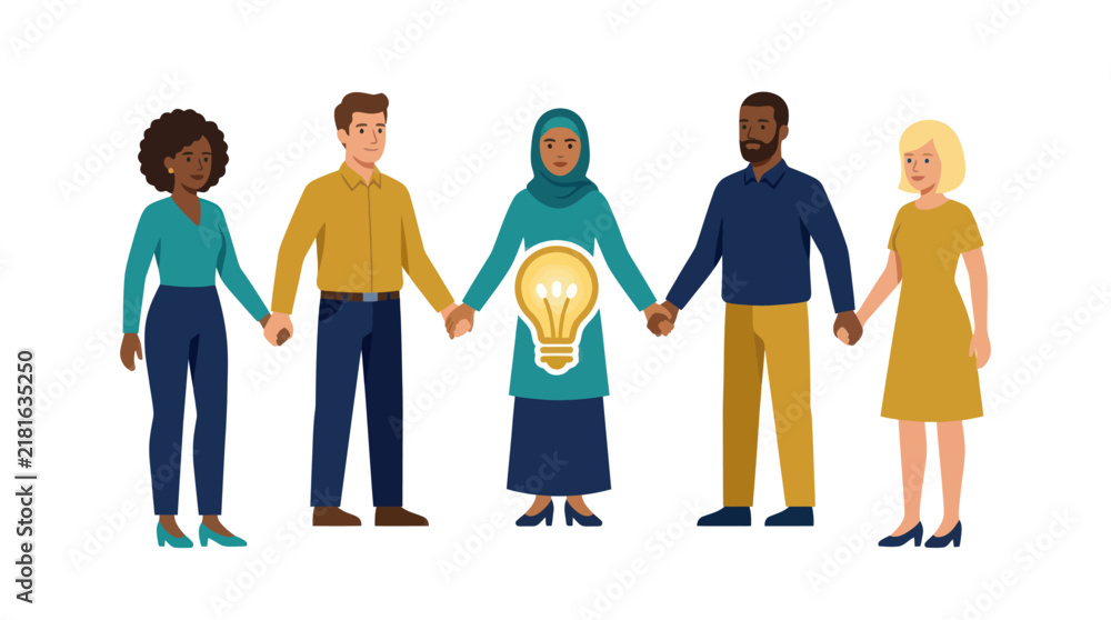 Obraz premium Diverse Team Holding Hands with Innovation Lightbulb Vector Illustration