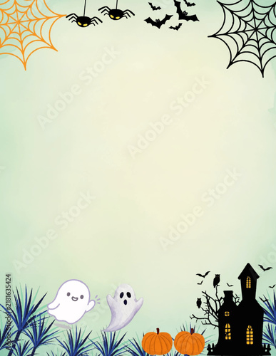 Halloween Party Background with Pumpkins, Ghost, Bats and Autumn Leaves