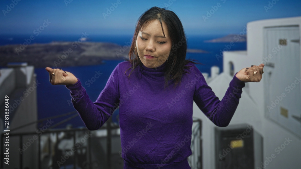 Obraz premium Woman in purple turtleneck raises both hands in a shrug gesture on a white seaside building terrace overlooking blue sea; quiet contemplation.