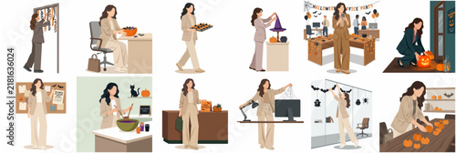 Set of Flat Illustrations of Professional Women Preparing for an Office Halloween Party, Decorating Workspace with Pumpkins and Bats for Corporate Celebration
