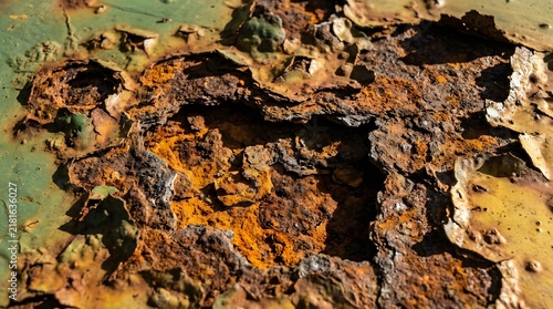 Close up texture of old rusty metal surface with peeling green paint and corrosion details concept for decay grunge industrial background