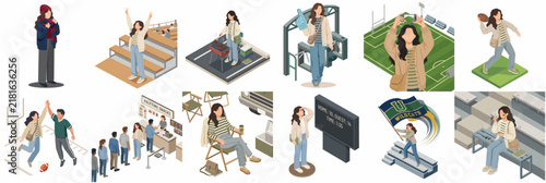 Isometric collection of a woman's journey through a sports game day, from tailgating to cheering in the stadium.