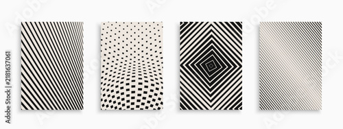 Set of abstract monochrome halftone geometric covers. Gradient striped and dotted backgrounds, templates. Minimalistic modern posters