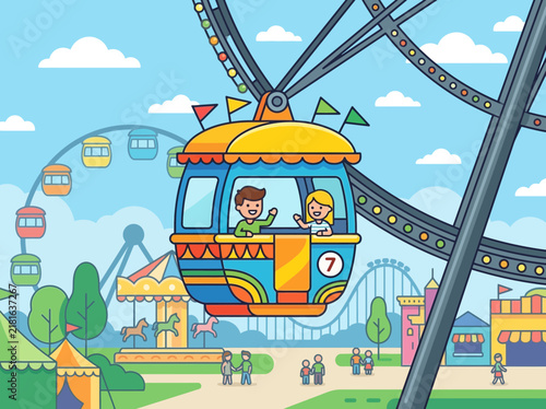 Happy boy and girl waving from a colorful Ferris wheel cabin at an amusement park.