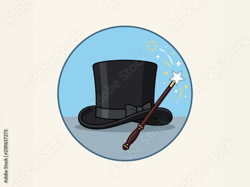 Illustration of a classic black magician top hat and a magic wand with a glowing star tip.