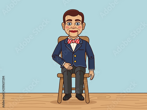 Illustration of a classic ventriloquist dummy sitting on a wooden chair.