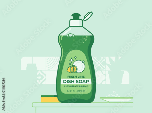 Illustration of a green lime scented dish soap bottle on a kitchen counter with a sponge.