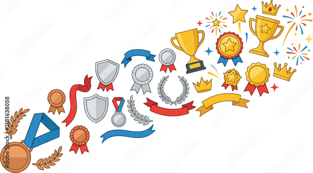 Naklejka premium Business Achievement and Sports Victory Vector Icon Set with Trophies Gold Medals Ribbons Shield Badges and Laurel Wreaths Arranged in a Diagonally Rising Splash Layout