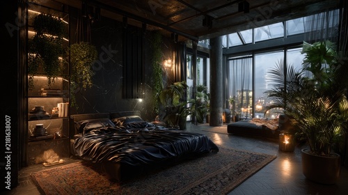 Elegant bedroom interior with modern design and natural elements