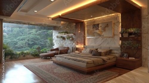 Luxurious bedroom interior with a large window and modern furniture