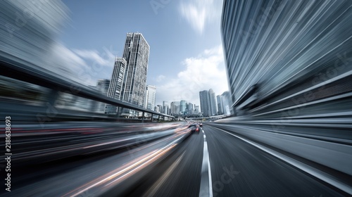 Dynamic cityscape with motion blur transportation and urban environment