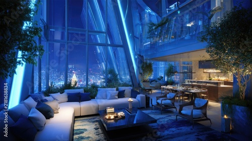 Modern luxury interior design featuring a panoramic city view and blue lighting