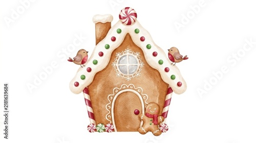 Watercolor gingerbread house with icing frosting cookie man and cute birds, whimsical Christmas dessert illustration for holiday greeting cards and decorations