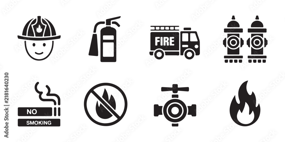 Obraz premium Firefighter helmet, extinguisher, fire truck, hydrants, no smoking, no fire, valve, and flame icons.