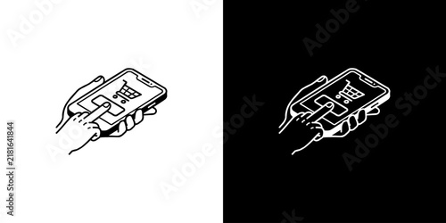 Mobile Shopping and E-commerce Icon Set - Hand Tapping Smartphone with Shopping Cart