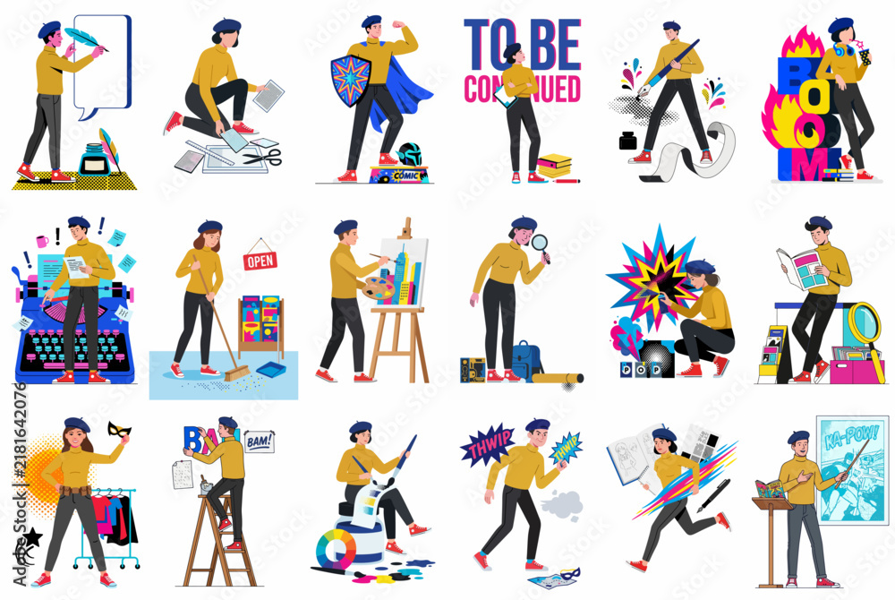 Fototapeta premium Flat vector illustrations set of a creative professional character in various roles including artist, designer, writer, and more.