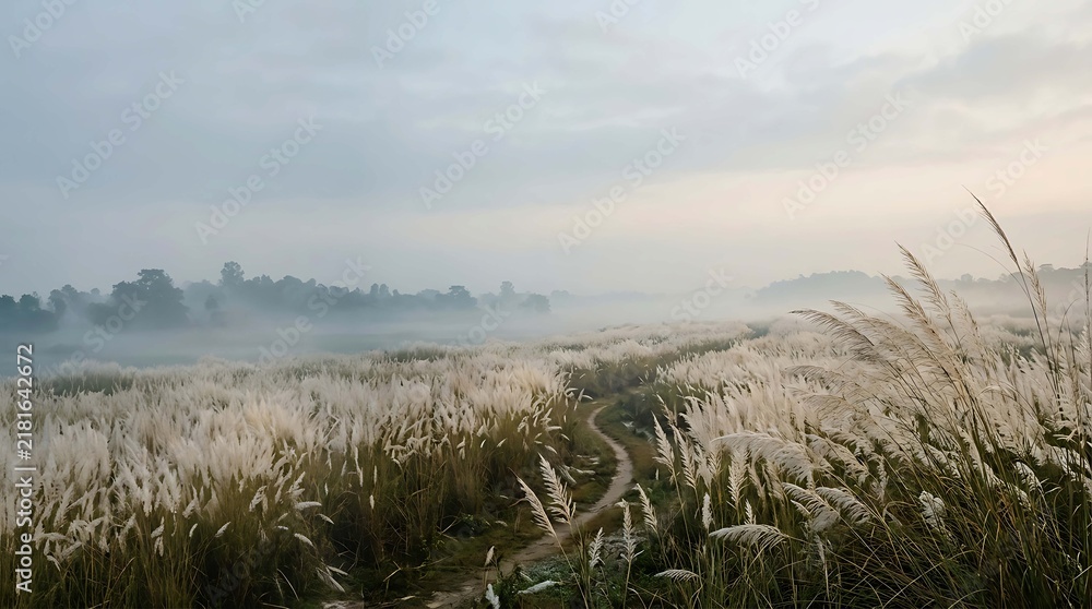 Obraz premium A serene landscape featuring a winding path through a field of white kans grass under a soft, misty morning sky with distant trees in the background
