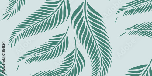 Seamless pattern of teal palm leaves on a light blue background.