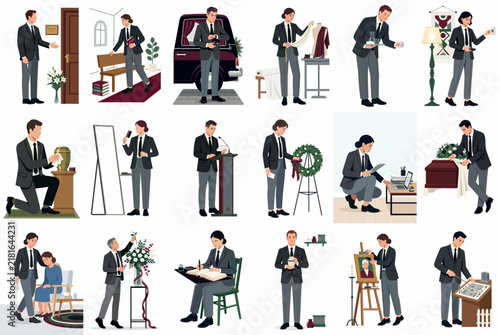 Принти на полотні Comprehensive collection of illustrations showing professional funeral directors and morticians performing various solemn tasks and duties during a funeral service