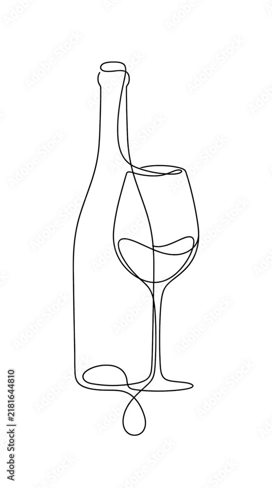 Fototapeta premium Minimalist continuous line drawing of a wine bottle and a glass of wine elegant artistic vector illustration on white