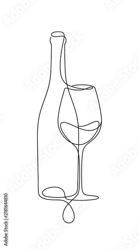Minimalist continuous line drawing of a wine bottle and a glass of wine elegant artistic vector illustration on white