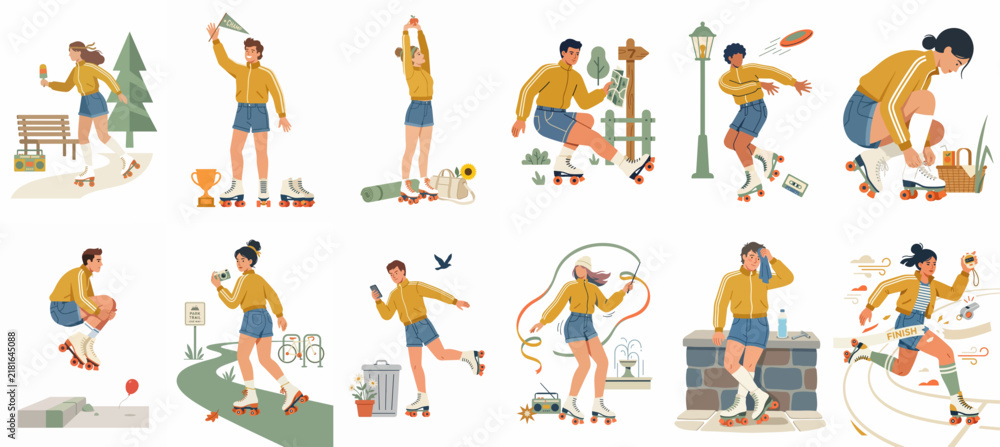 Fototapeta premium Flat vector illustration set of people roller skating in various activities, including racing, dancing, stretching, and leisure skating in a park.