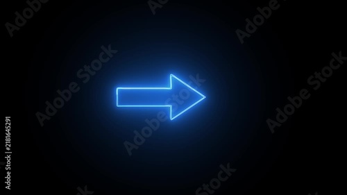 Bright glowing neon blue right pointing arrow symbol isolated on a solid deep black background view