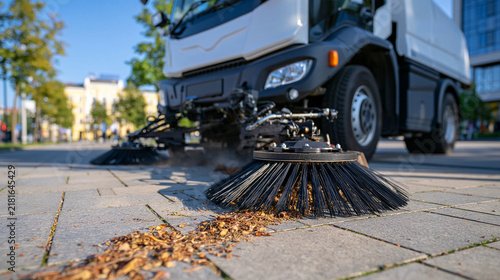 Modern street sweeper cleaning a spacious paved city plaza, circular rotating brushes pushing dust and small debris toward the suction system, bright architecture in the distance, clear daylight, ur