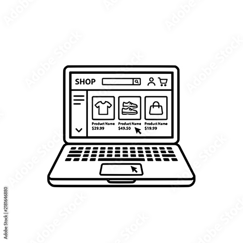 Simple line art illustration of a laptop computer displaying an online shopping store interface.