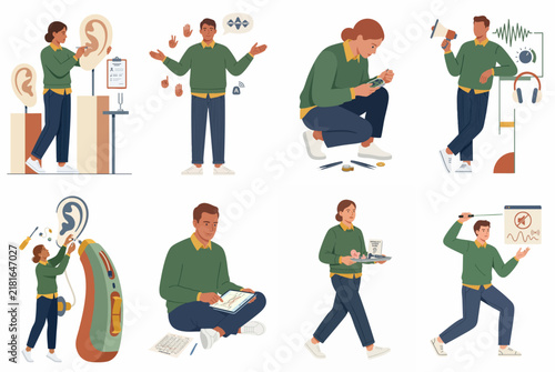 Flat illustration set depicting people and activities related to hearing health, audiology services, hearing aids, and communication for the deaf and hard of hearing.