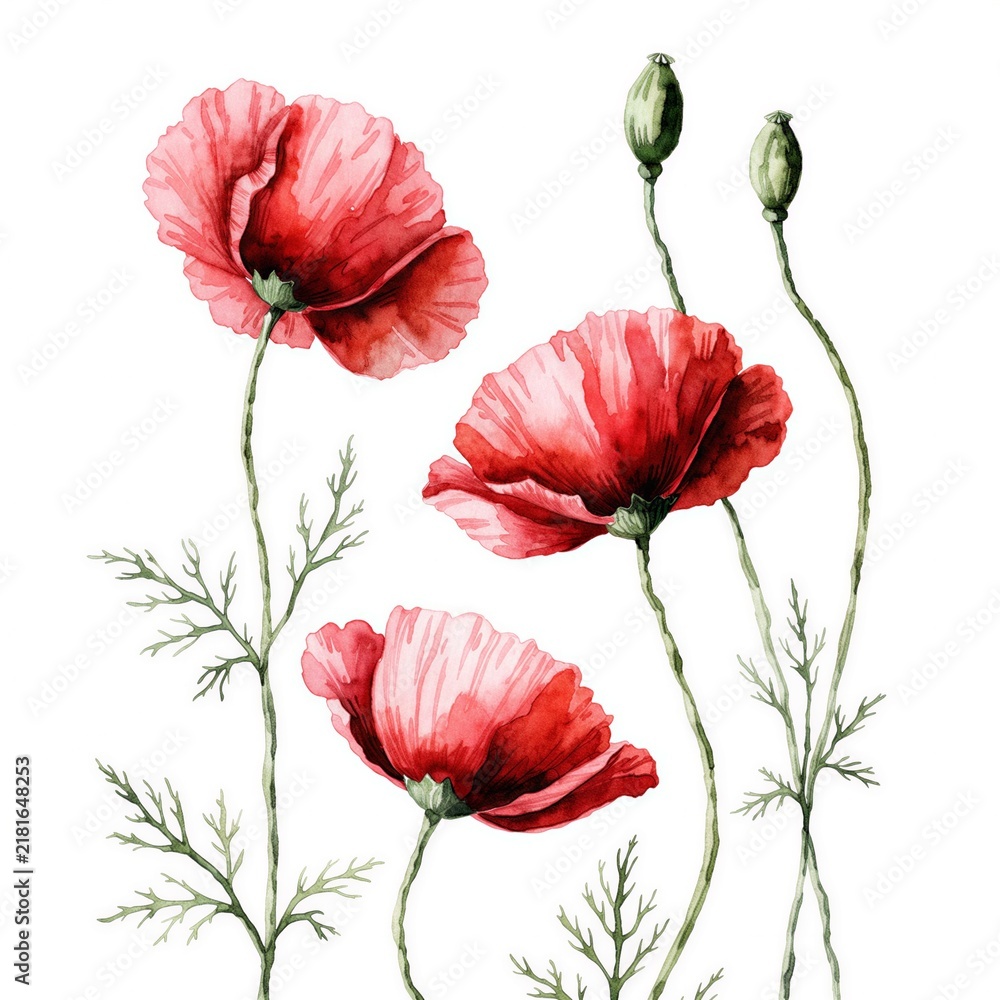 Obraz premium Red Poppy Flower Branch Botanical Watercolor Illustration