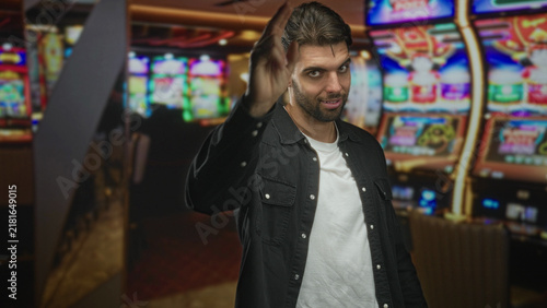 Obraz na płótnie Hispanic man reaching hand to slot machine in casino, beard and neutral gaze, casual white shirt and black jacket; indifference risk