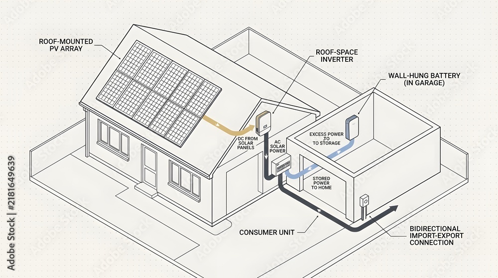 Fototapeta premium Home solar panel system diagram with roof photovoltaic array wall battery and consumer unit setup.