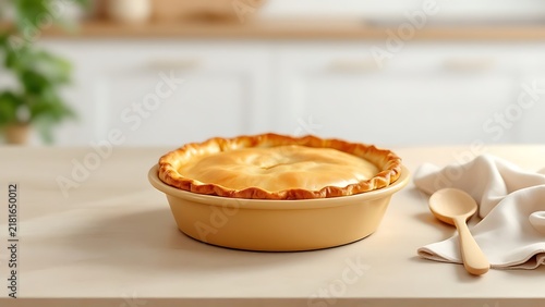 Freshly baked golden pie in a ceramic dish on a kitchen table