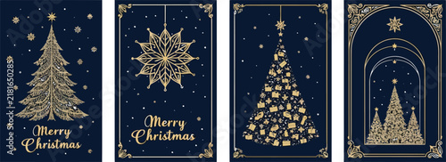 Set of luxury christmas greeting cards with gold elegant tree illustrations and holiday decorative snowflake elements on dark blue background