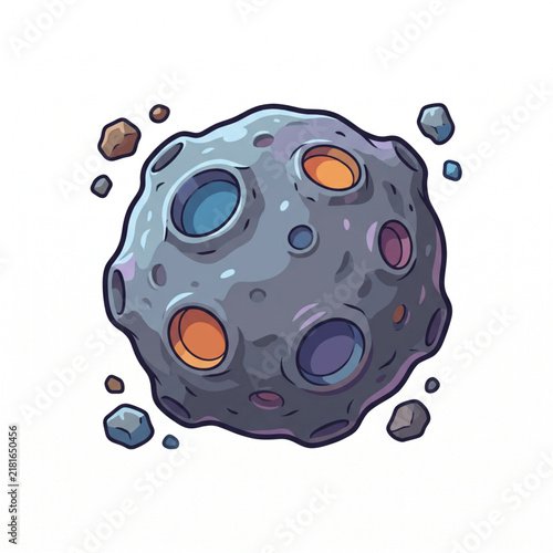Space asteroid with craters and flying rock debris cartoon vector illustration isolated on white background. 