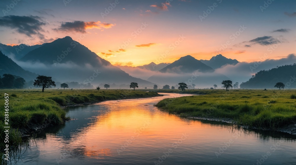 Fototapeta premium Winding river flows through grassy plain with scattered trees below misty mountains at sunrise. Sky glows orange and yellow reflecting in water surface. Peaceful natural scene.