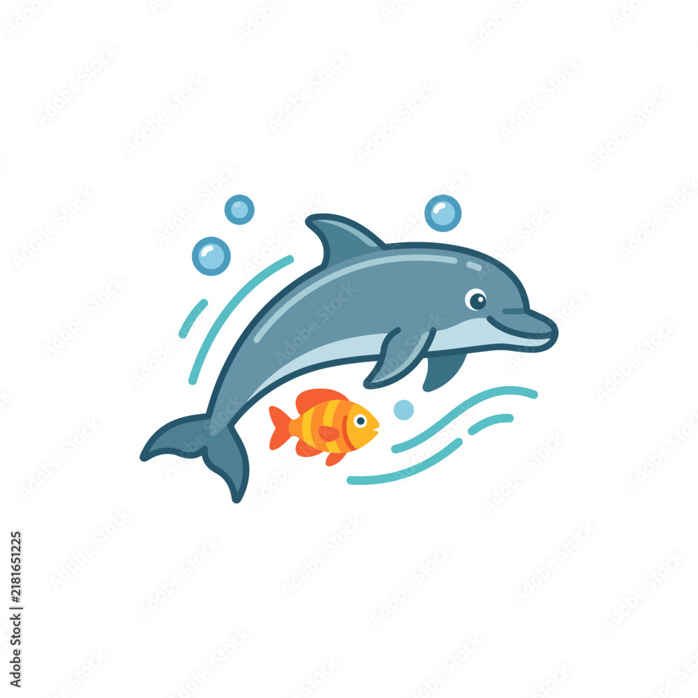 Fototapeta premium Cute cartoon dolphin swimming with a small goldfish, surrounded by stylized waves and bubbles, isolated on transparent background.