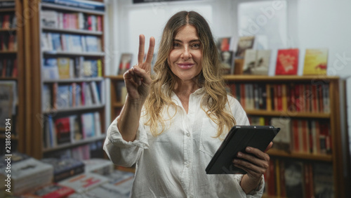 Obraz na płótnie Woman holds tablet, smiling, shows two fingers with hand toward camera inside a crowded bookstore building with bookshelves and table; learning warmth