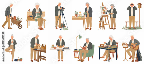 Flat illustration set of senior citizens enjoying diverse hobbies like gardening, painting, photography, and yoga for an active lifestyle.