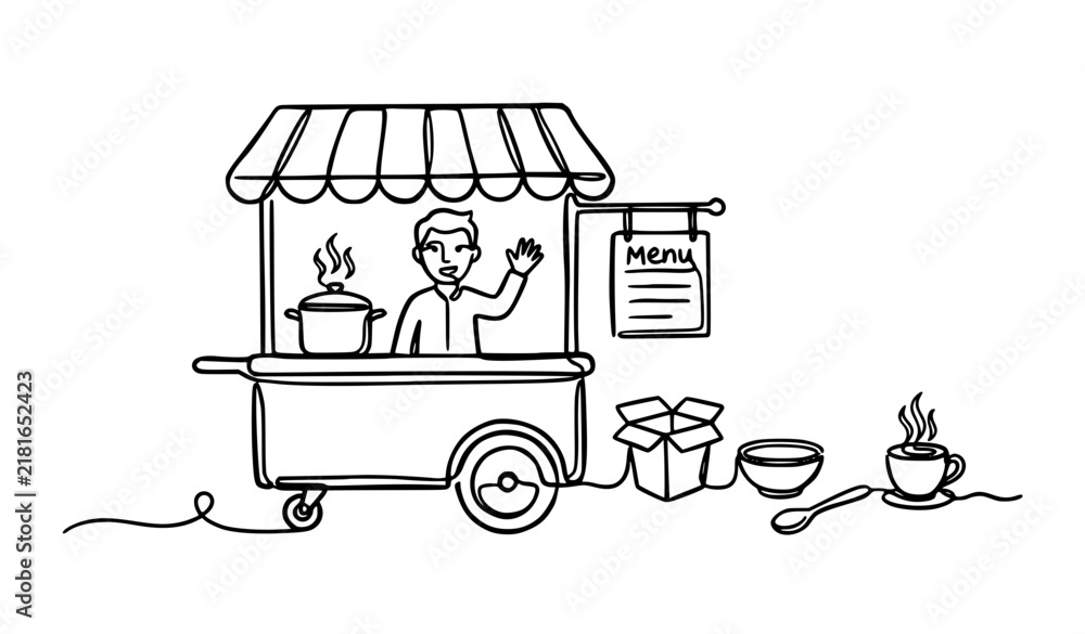 Naklejka premium Continuous Line Street Food Vendor Stall Hand Drawn Doodle Vector