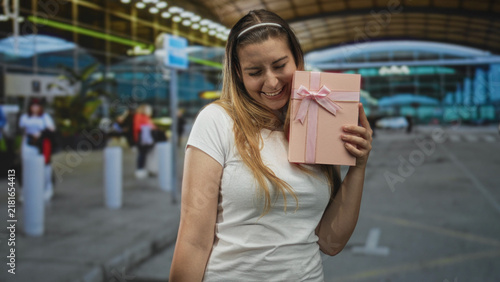Картината върху платно Woman holds pink present against cheek while smiling and tilting head at airport; happy celebration
